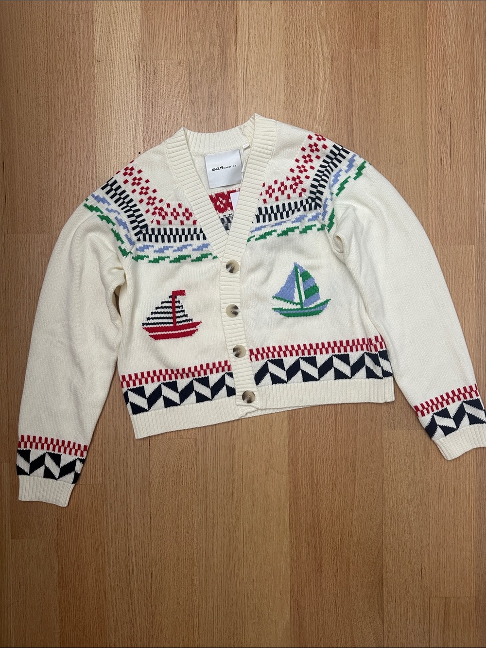 525 America Ivory Nautical Button-Front Knit Cardigan with Red & Blue Accents